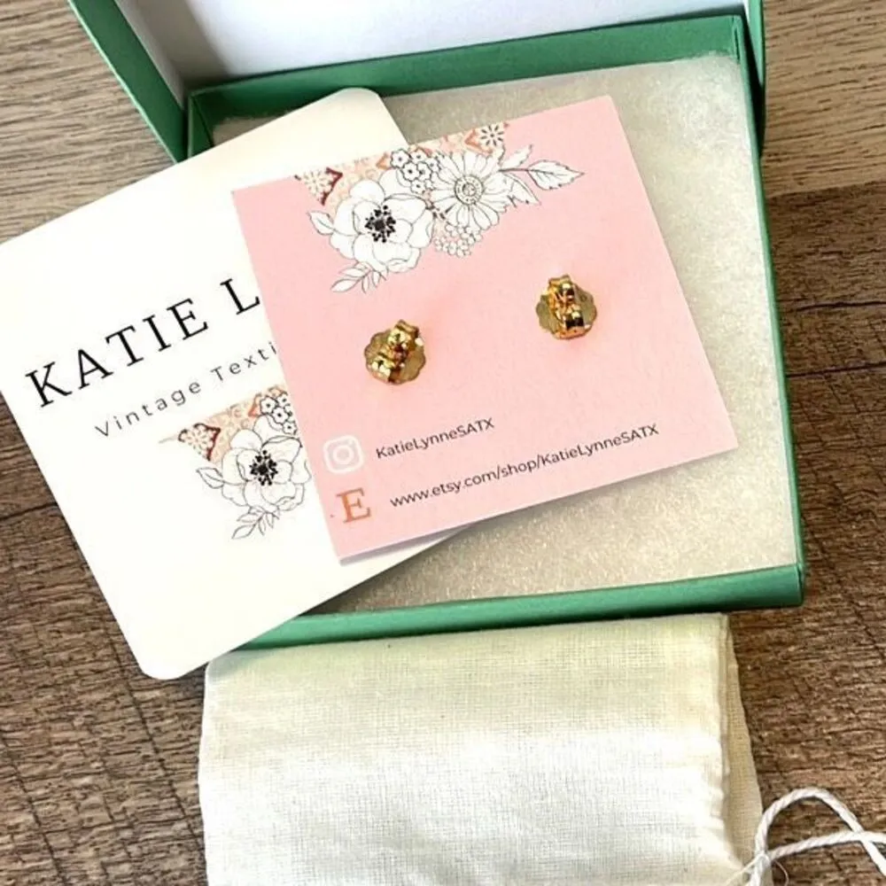 Katie Lynne Maureen Stud Earrings Vintage Textile 1950’s Fabric from St. Paul Mi Gold - Image 3