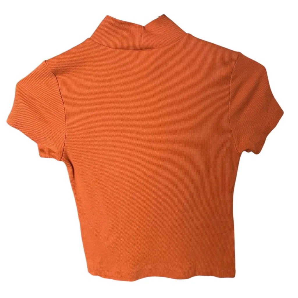Maeve Anthropologie Ribbed Mock Neck Fitted Short Sleeve Orange Tee Small - Image 3