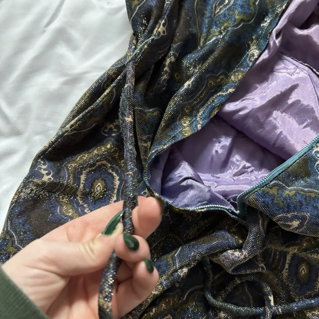 Vintage 70s 80s Metallic Jacquard Dress Blue Gold High Neck Belted Waist Formal Size undefined - Image 11