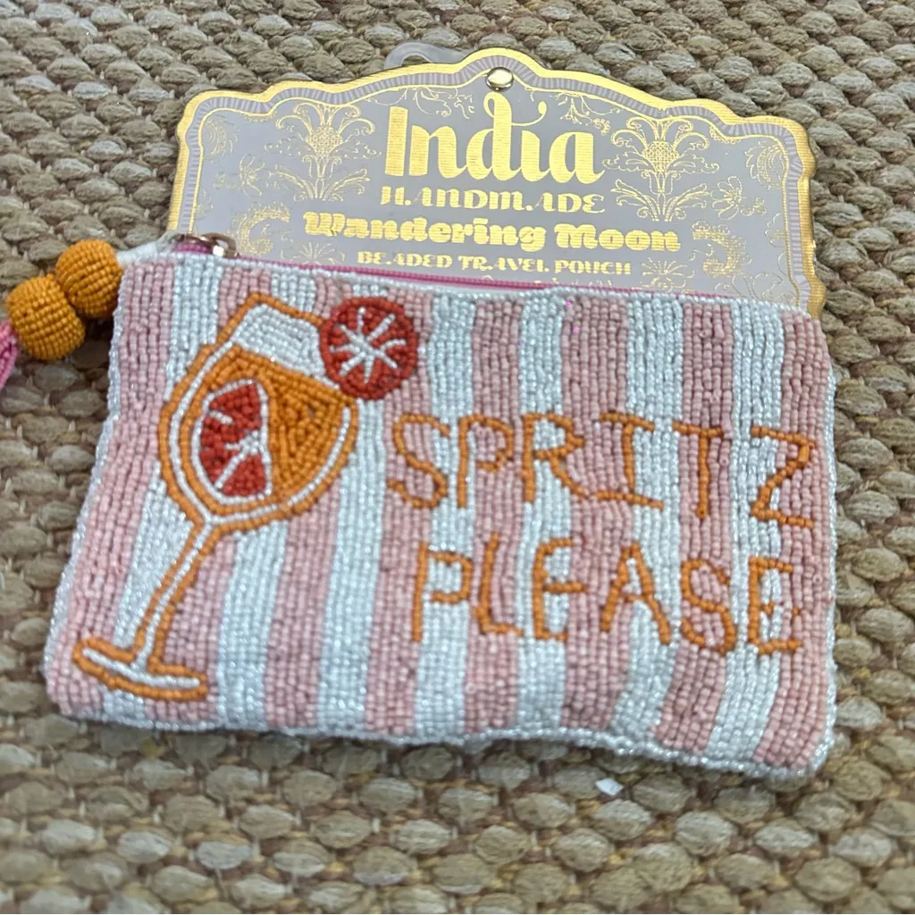 New Handmade In India Beaded “Spritz Please” Cocktail Travel Pouch Coin Purse Pink - Image 2