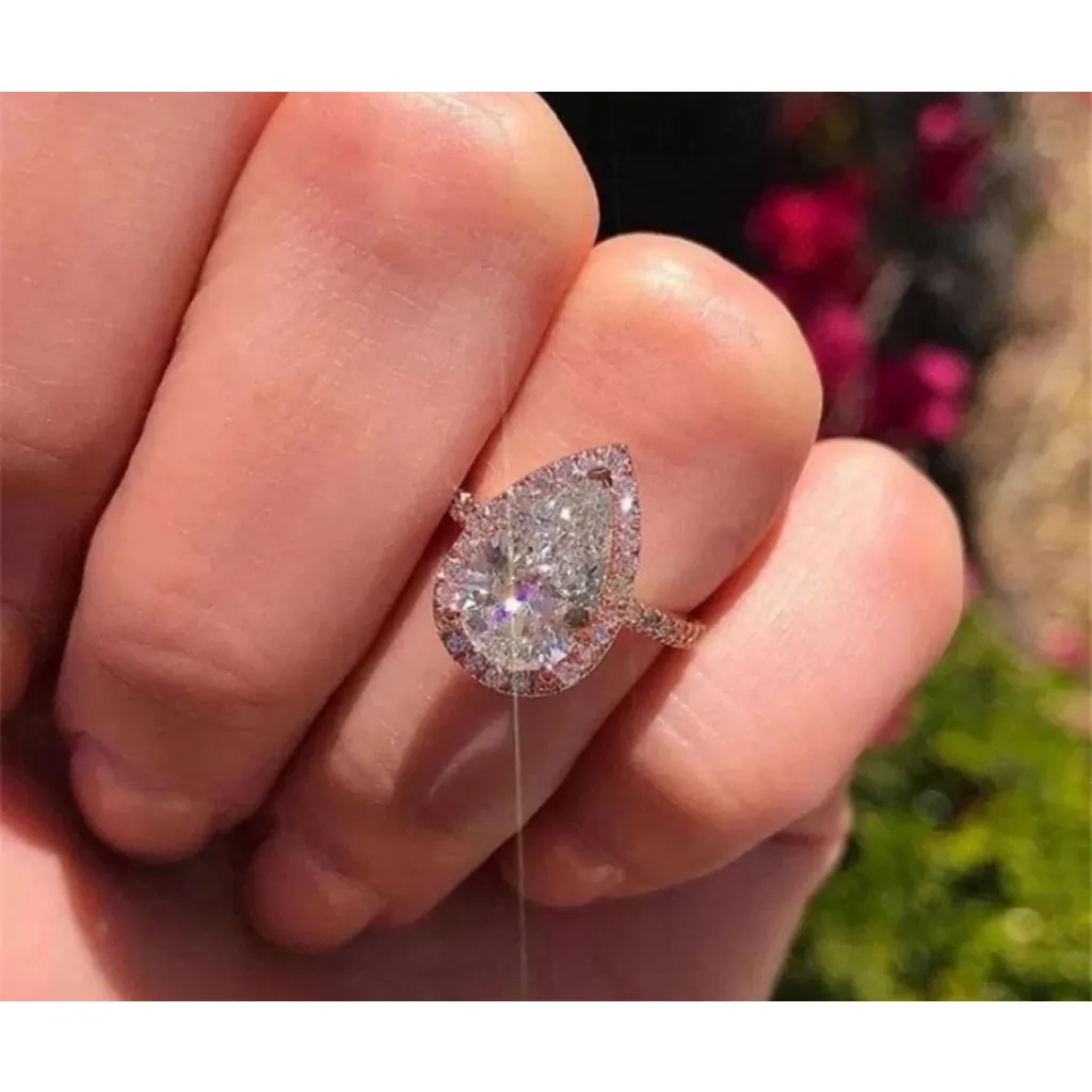 NEW 3‎ Carat Platinum 925 Sterling Silver Pear Halo Engagement Ring, Size 7 - Image 11