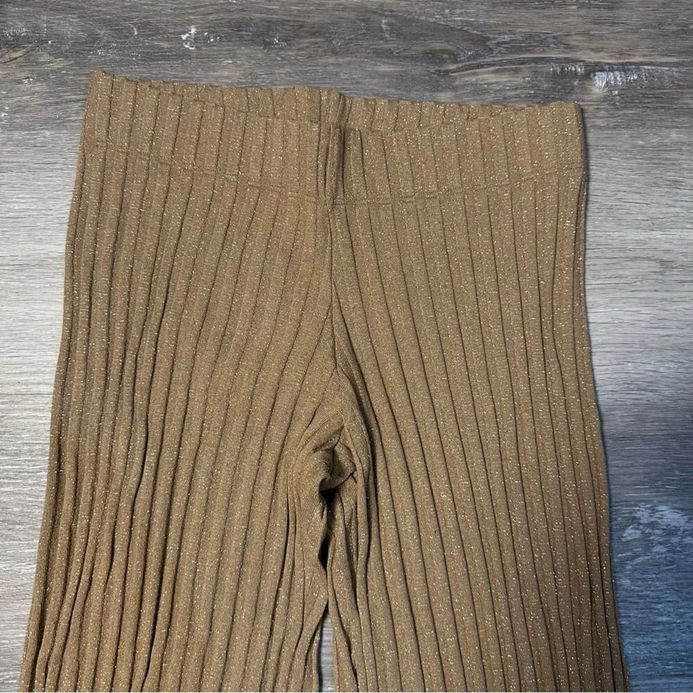 Enza Costa Lurex Sweater Rib Flare Pant in Sand & Gold Shimmer Sparkle Tan - Image 3