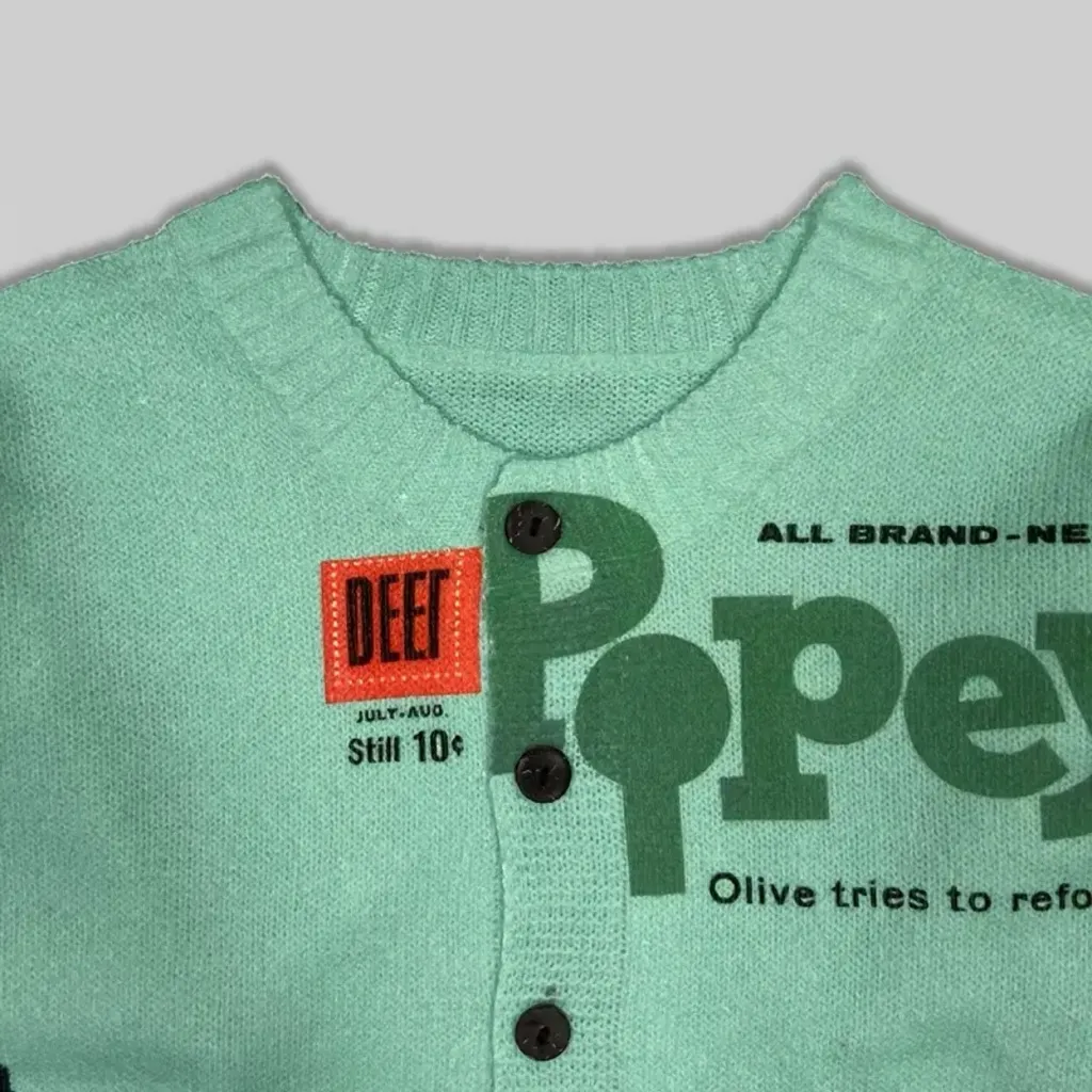POPEYE & OLIVE OYL GREEN BUTTON CARDIGAN SWEATER Size L - Image 2