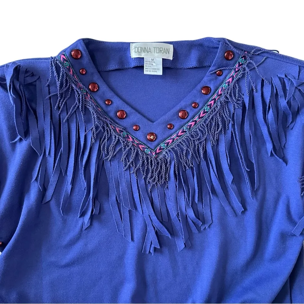 Vintage 80s Purple Fringe Western Southwestern Shoulder Pads Sweater Medium - Image 3