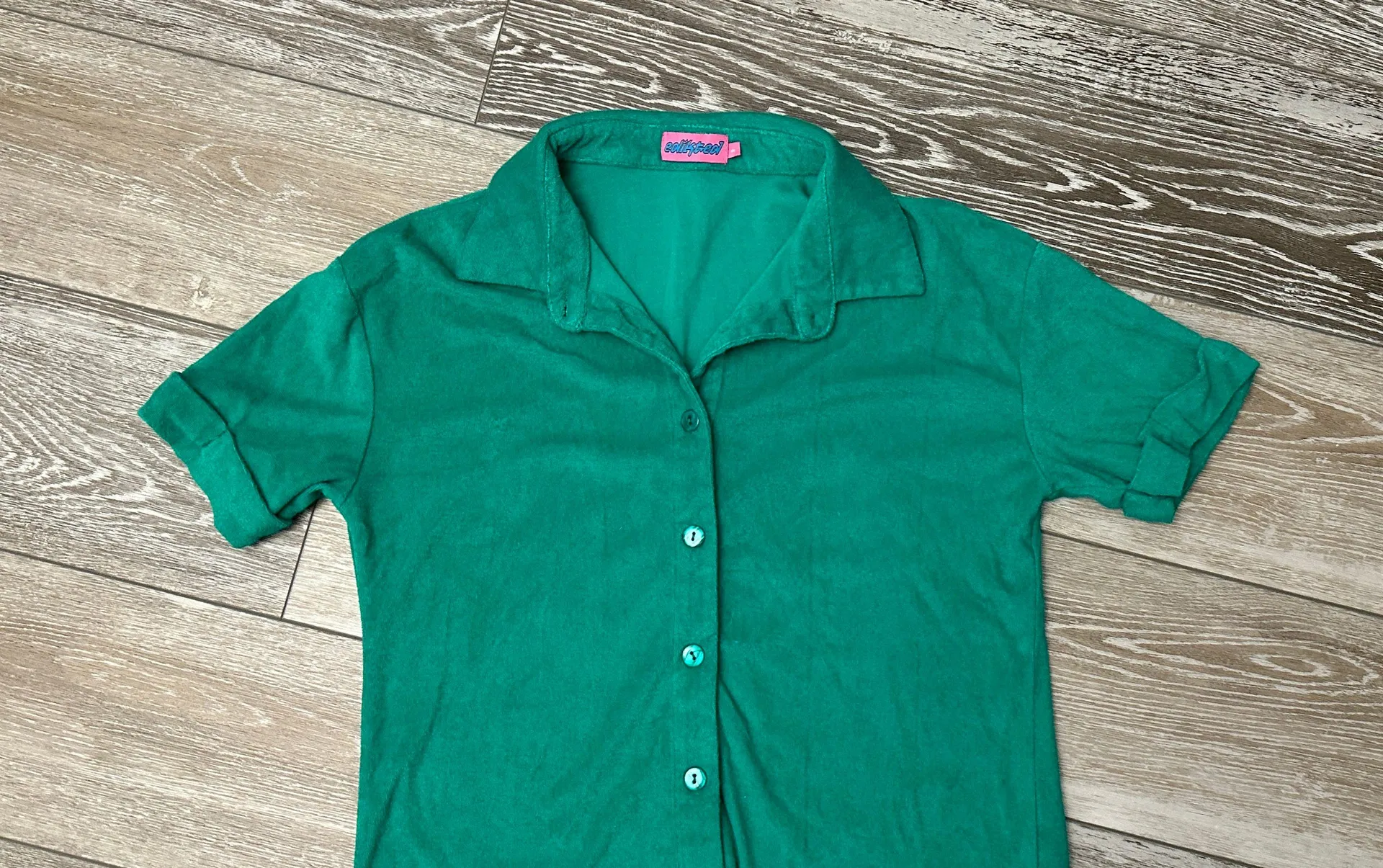 Sz S Green Terrycloth Short Sleeve Top Button Down Shirt Terry Cloth - Image 4
