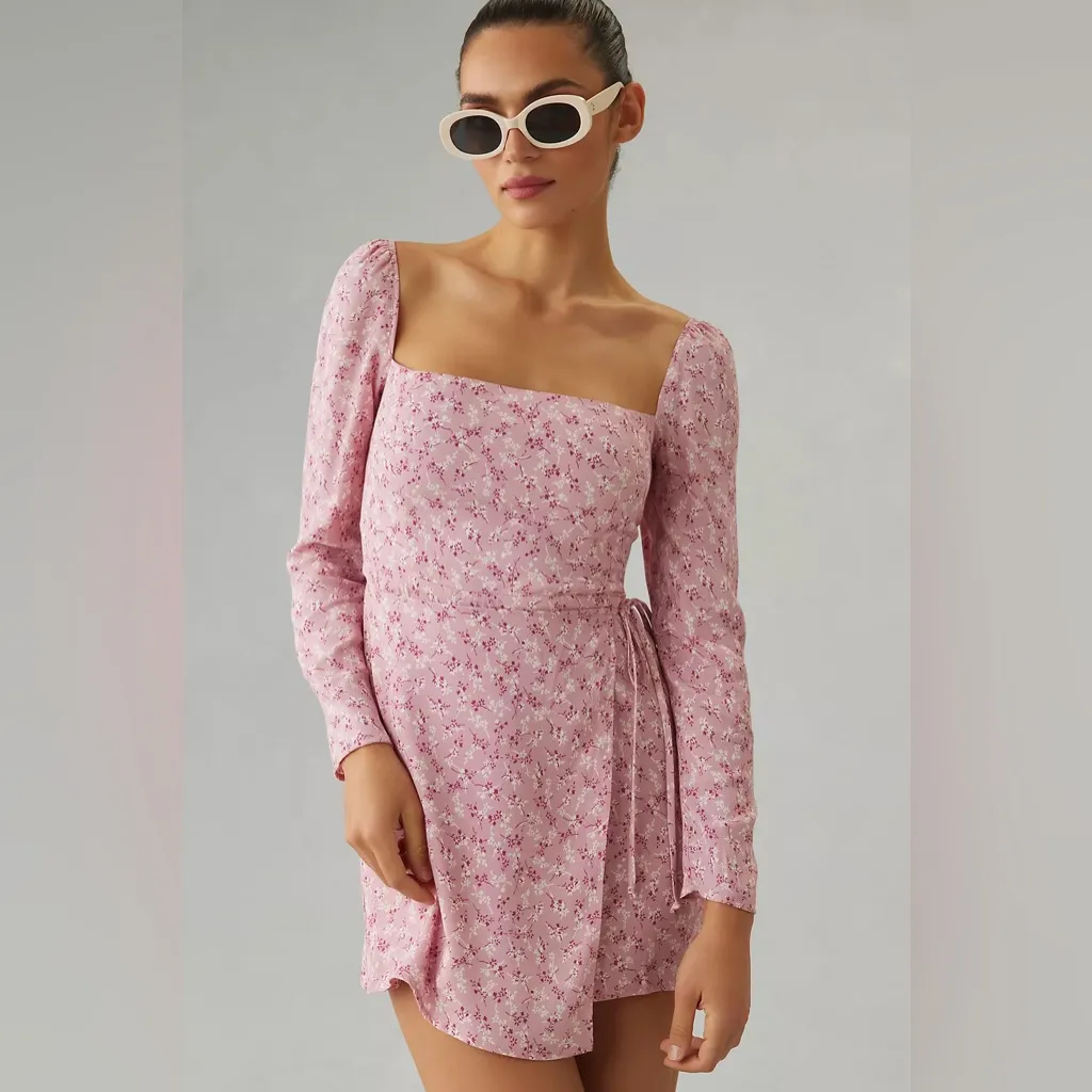 Reformation Rosalie Long Sleeve Crepe Mini Wrap Dress in Baby’s Breath - Image 2