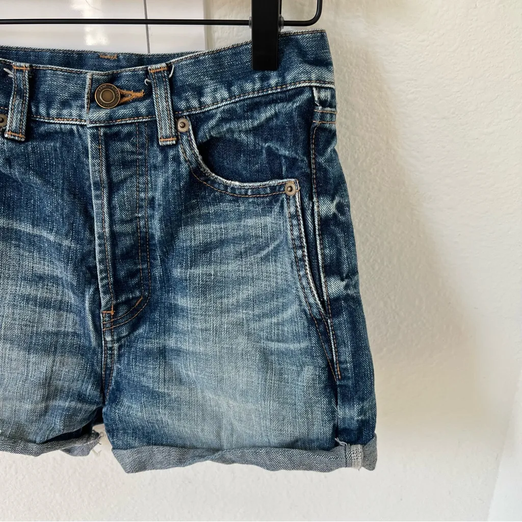 Saint Laurent YSL Mid Rise Cutoff Fray Denim Shorts - Image 3