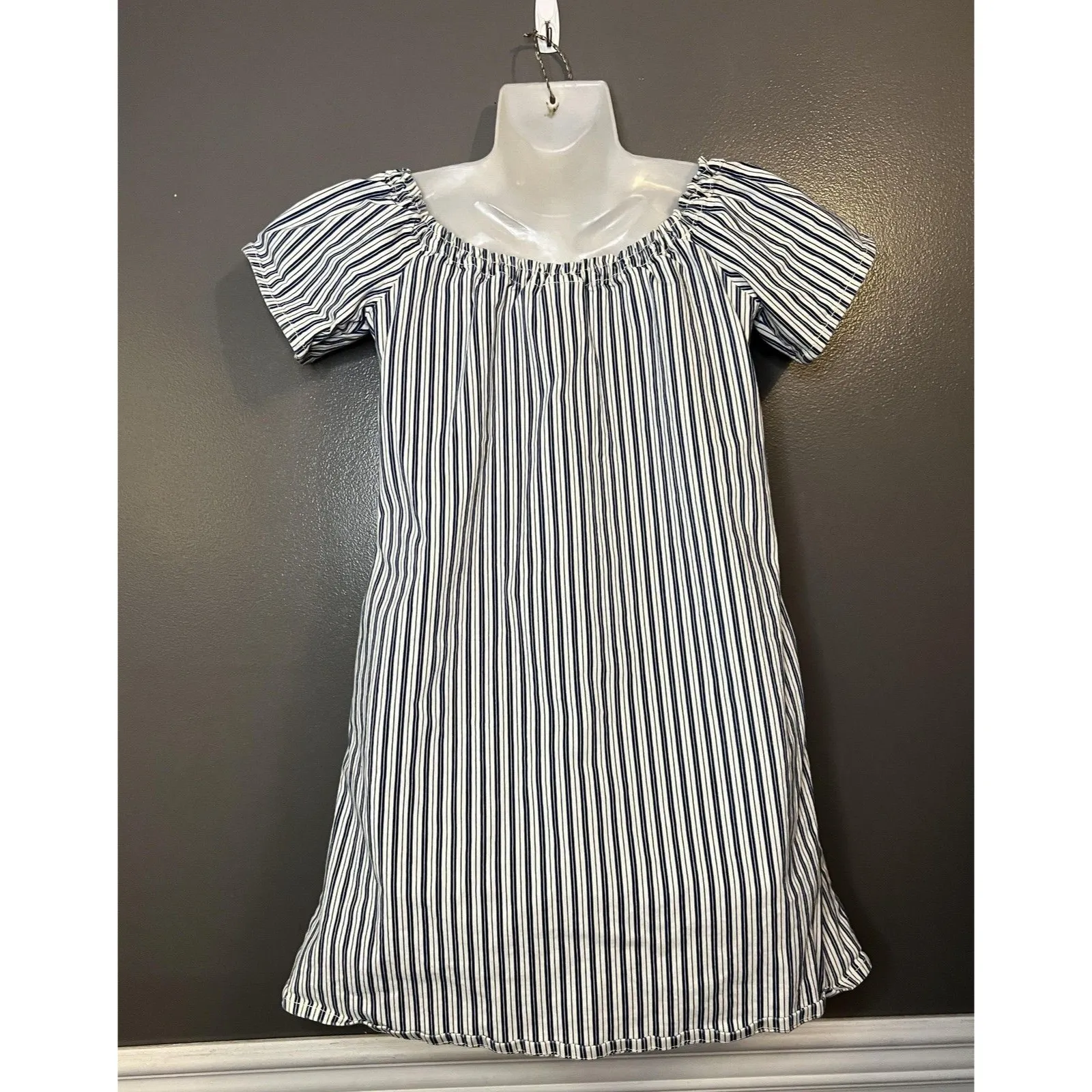 AG Adriano Goldschmied Dress Womens Medium Blue White Striped Off Shoulder Shift - Image 6