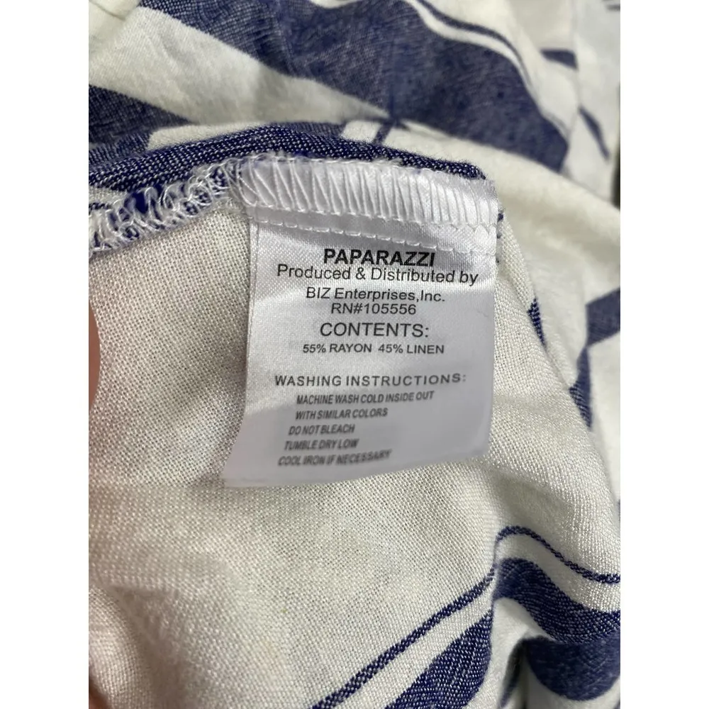 PAPARAZZI Linen Blend Dress w Pockets MEDIUM Blue Striped Belted Button Front - Image 5