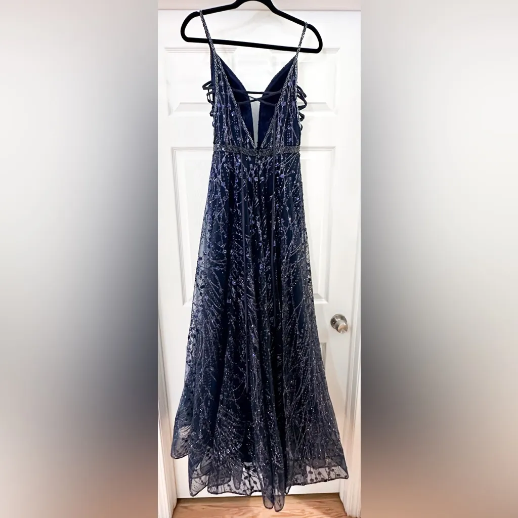 Ellie Wilde Mon Cheri Prom Dress Blue Lace up Sequin Style #EW119066 sz 0 - Image 8