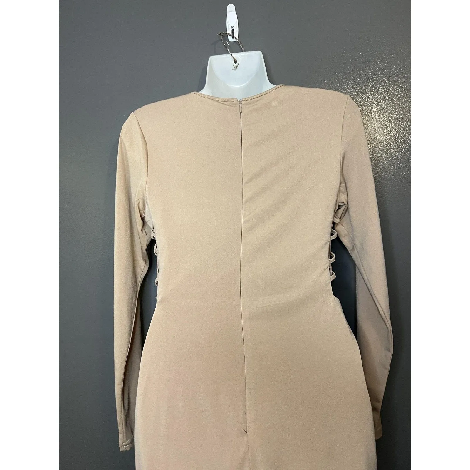 Charlotte Russe Dress Womens Medium Beige Long Sleeve Lattice Cutout Bodycon - Image 6