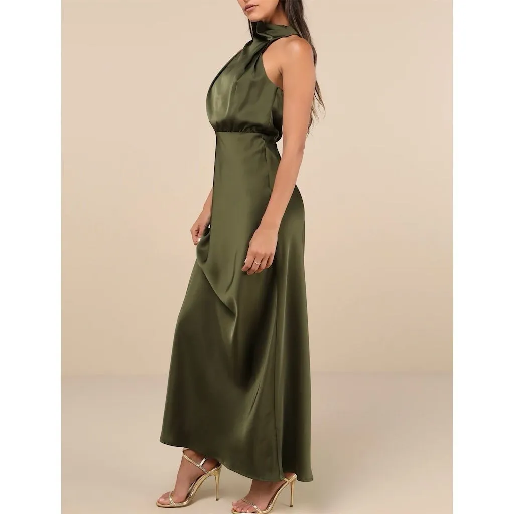 NWT Lulus Women's Distinctive Charm Olive Green Satin Asymmetrical Maxi Dress L - Image 3