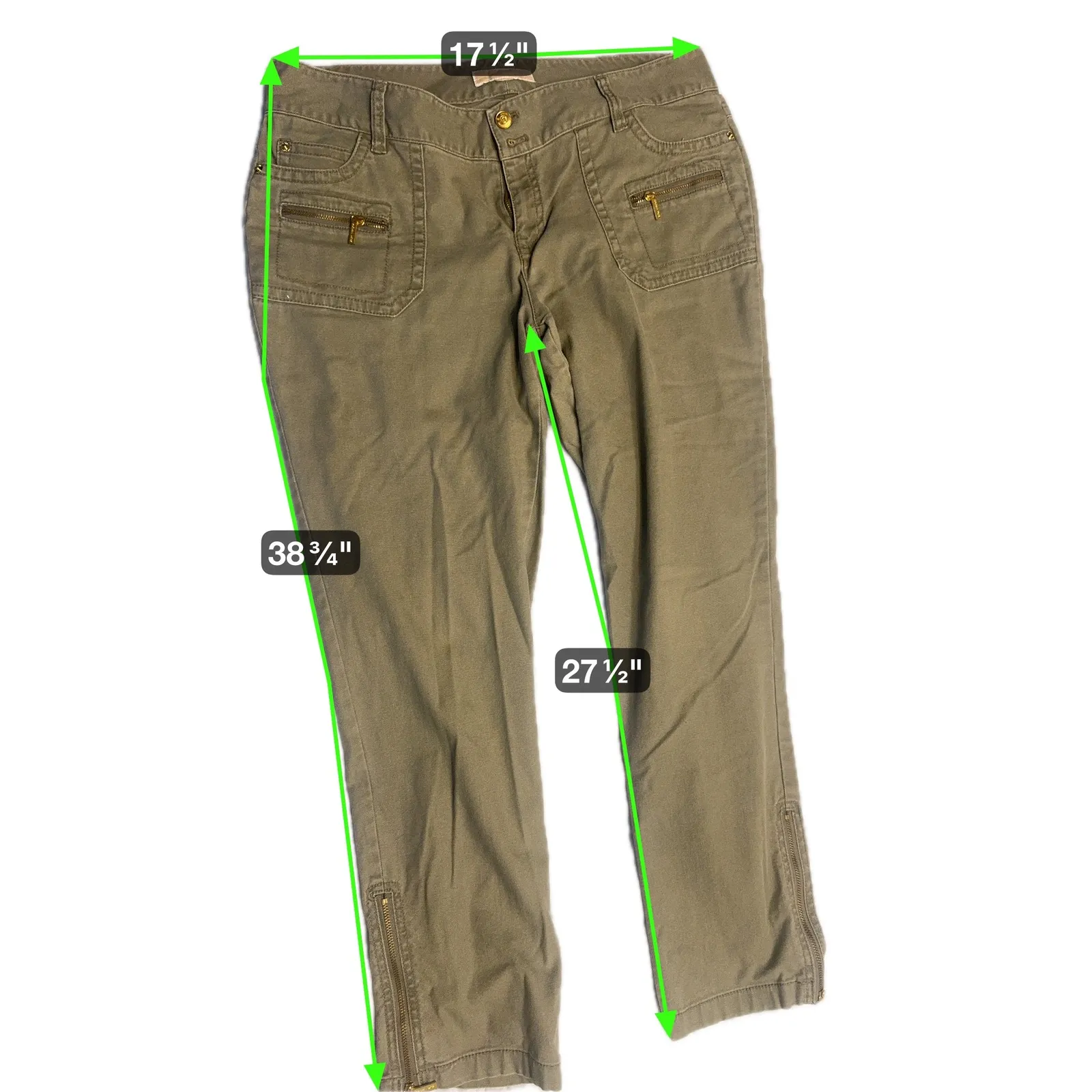 Michael Kors Olive Green Pants Womens Gold Zipper Accents Casual Career Size 10 - Image 2