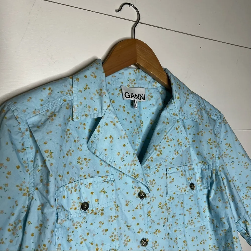 GANNI Floral Organic Cotton Poplin Button-up Shirt In Blue - Image 6