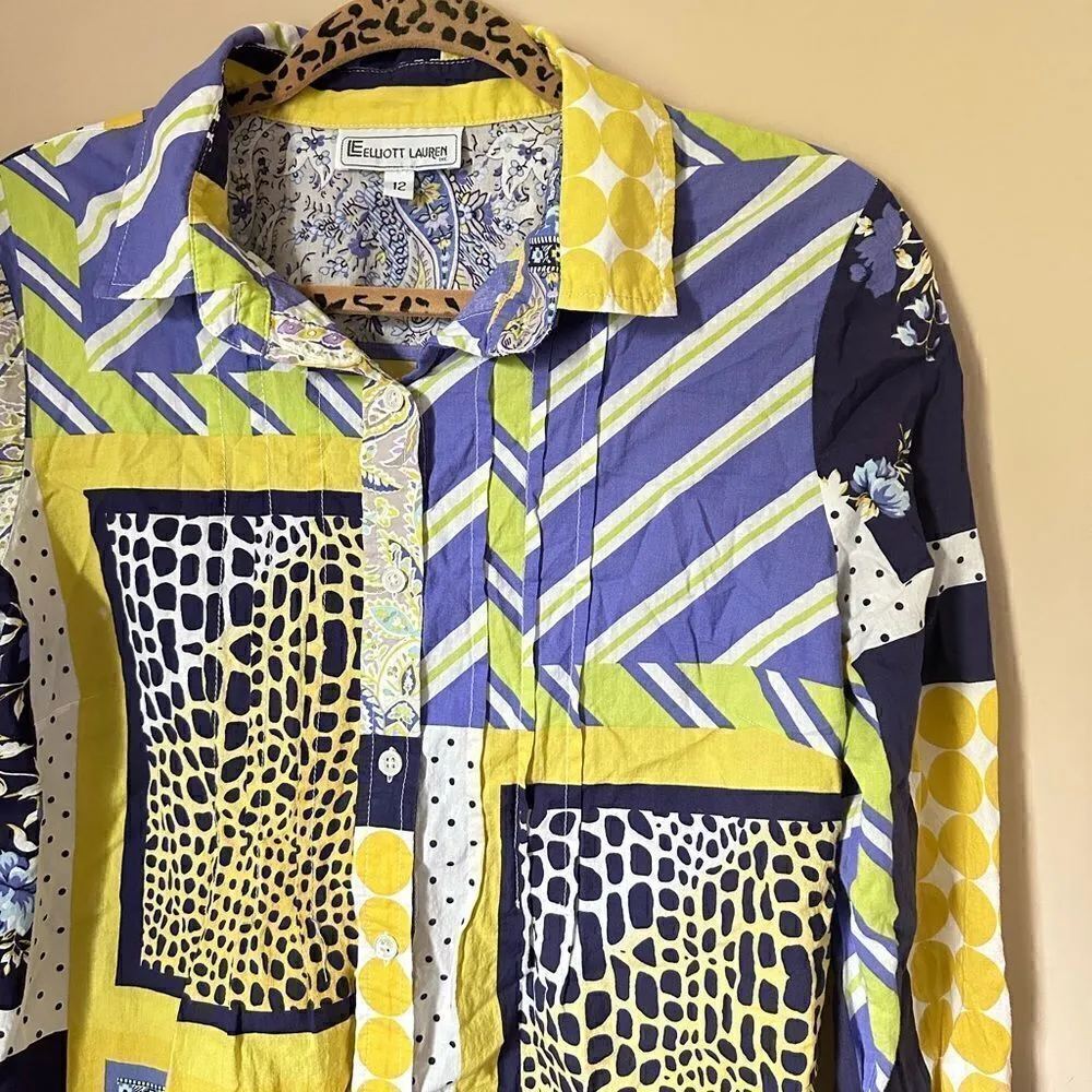 Vintage Elliott Lauren Funky Retro Mixed Print Button Up Top Yellow Size 12 - Image 2