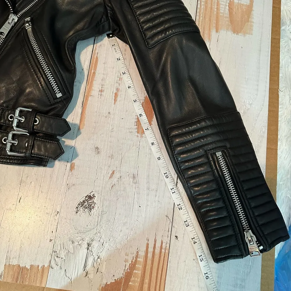 All Saints Estella Biker Moto Lamb Leather Crop Jacket Size 2 Black - Image 11