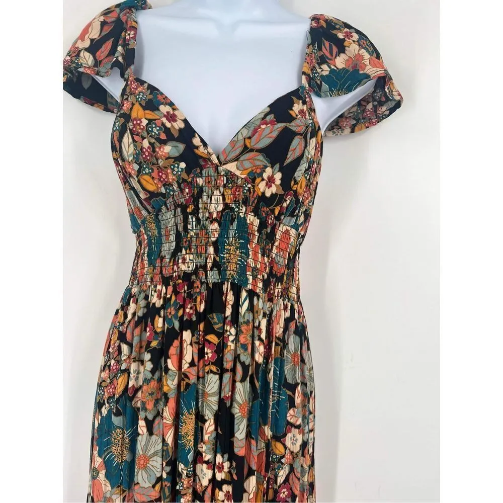 Angie Womens Floral Smocked Lace Up Back Maxi‎ Dress Small boho bohemian - Image 4