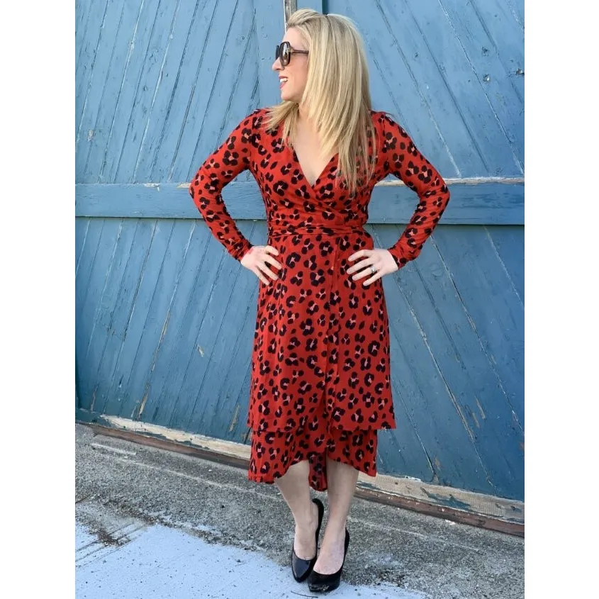 CAbi Siren Wrap Midi Dress Small Red Leopard Animal Print Long Sleeves Chic - Image 9