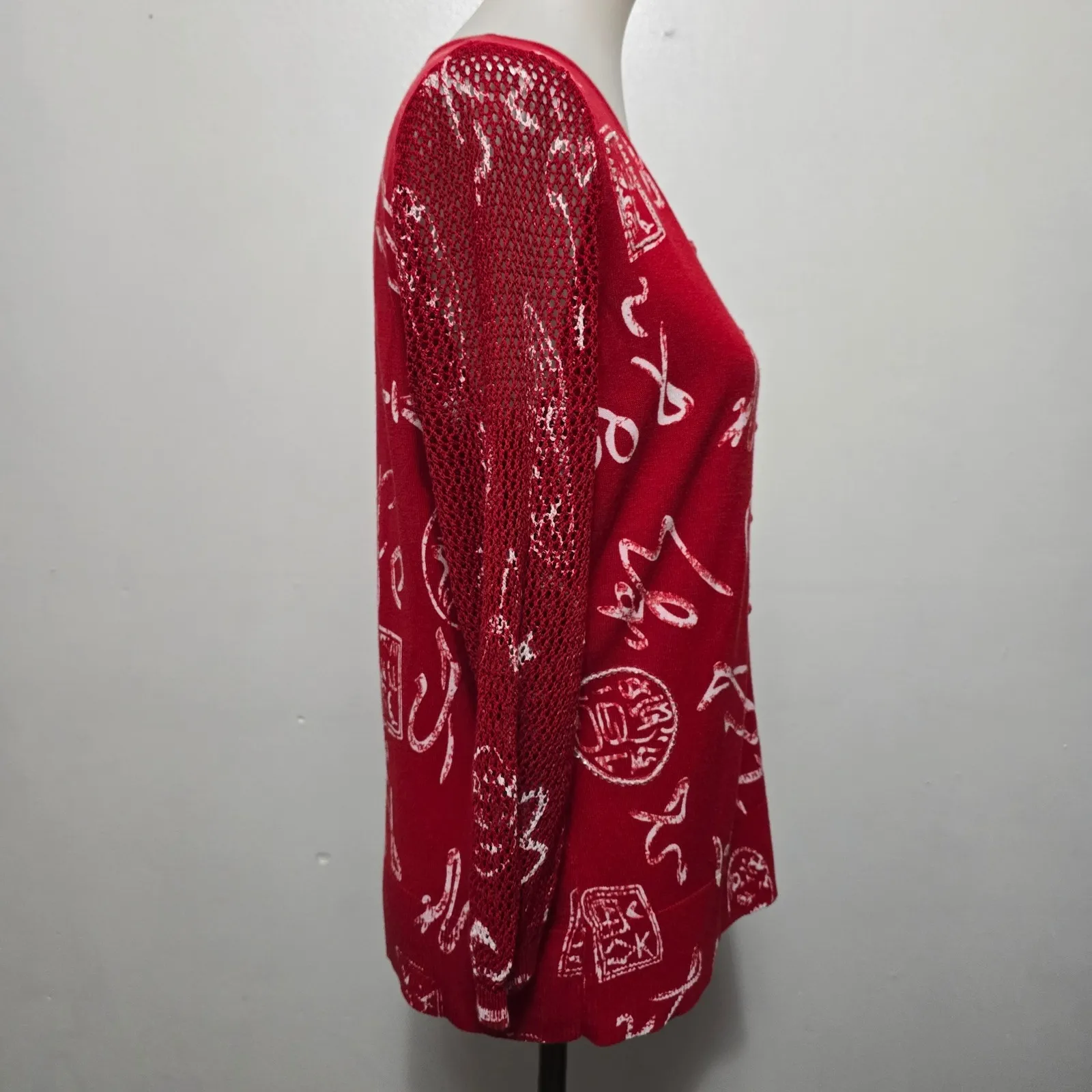 Nygard Collection Red White Graphic Print Mesh Sleeve Cardigan Sweater M Artsy Size M - Image 4