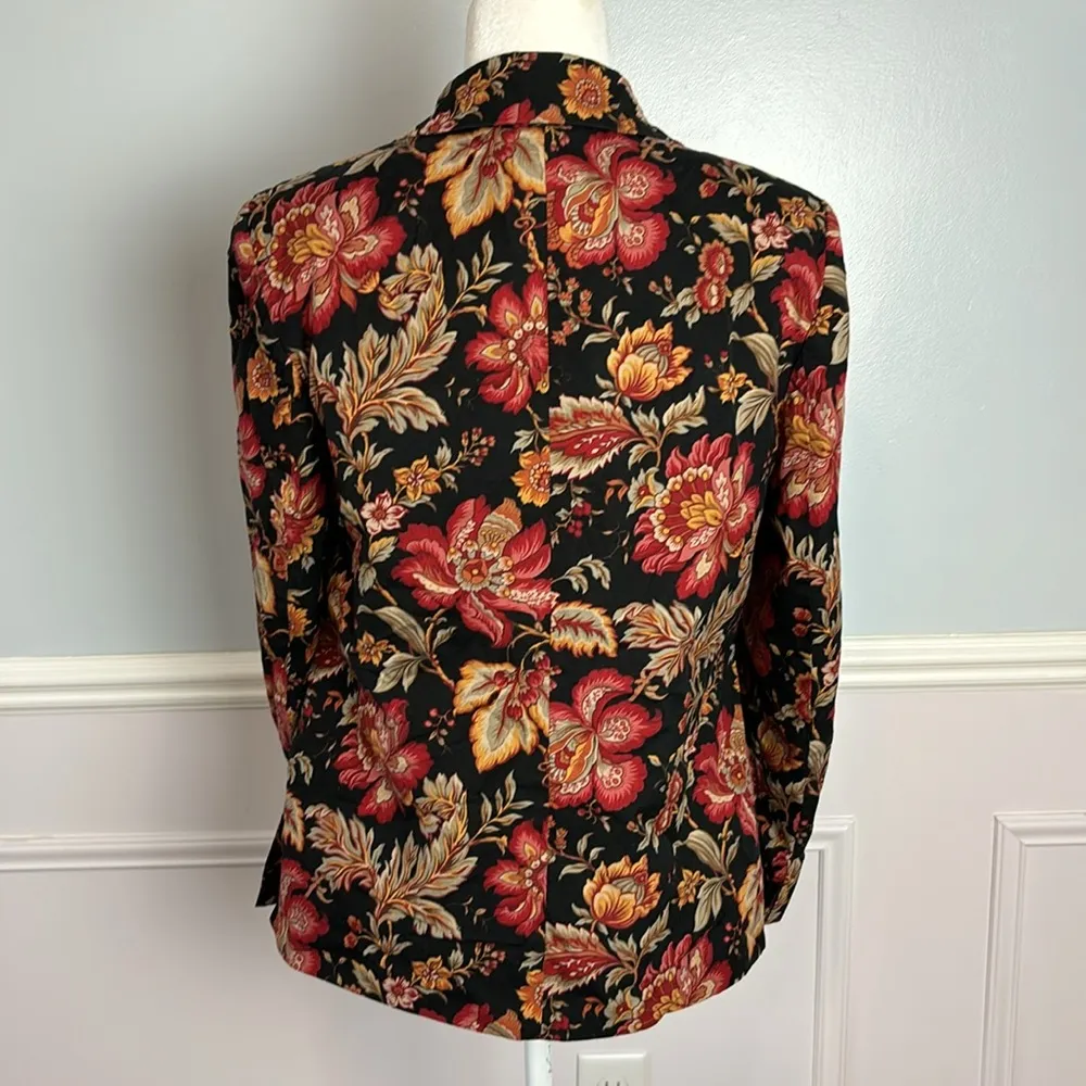 Talbots Women’s Sz 10 Black Orange Red Autumn Floral Button Jacket Blazer Coat - Image 8