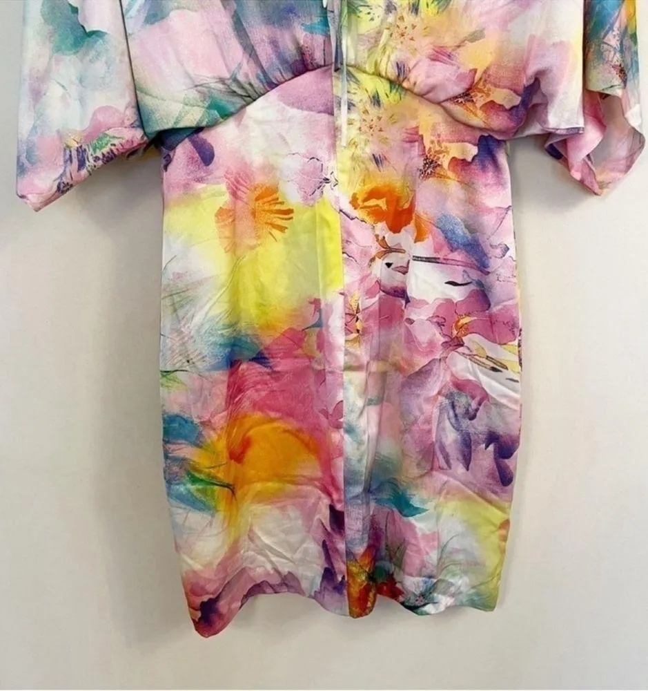 Aidan Mattox Satin Flared Short Sleeve Mini Dress Size 2 Pink Multicolor - Image 7