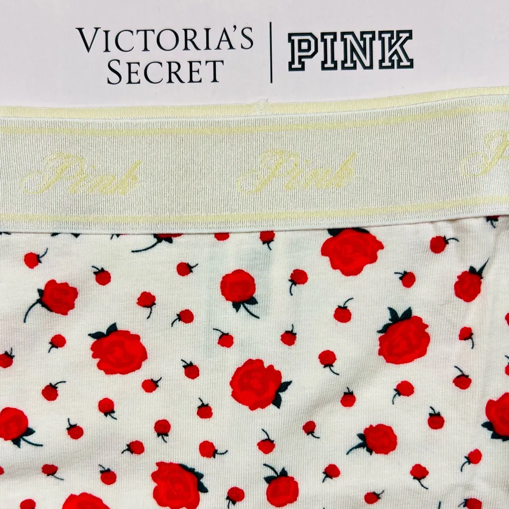 🌹PINK VICTORIA’S SECRET Logo Cotton Boyshort Panty Winter White Rose Print XL - Image 5