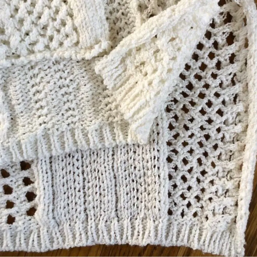 POL SUNSET CROCHET BOHO HOODIE WHITE SWEATER Knit Orange STRIPED SLEEVES SIZE L - Image 11