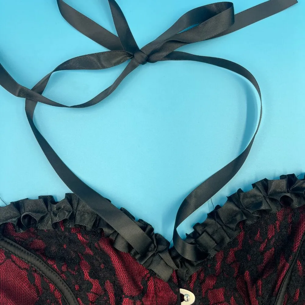 Gothic Coquette Black + Red High Detail Floral Lacey Corset Top Women's Size M Size M - Image 4