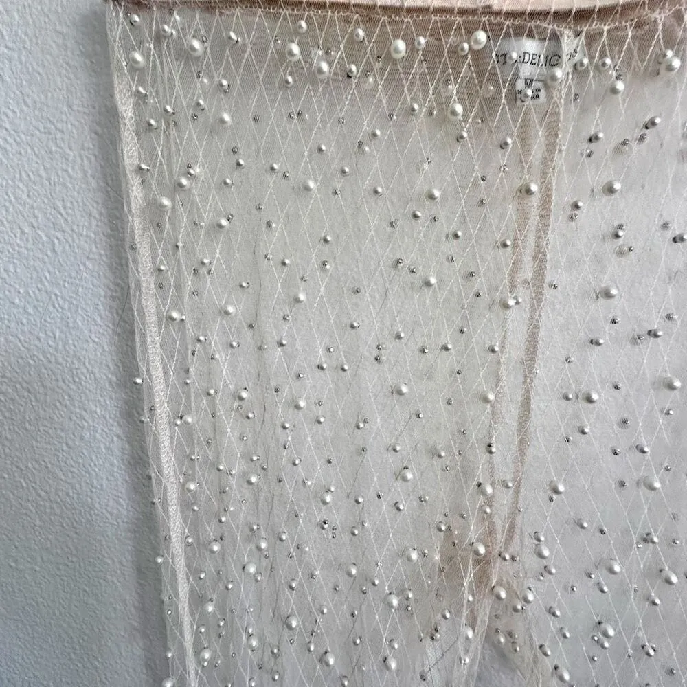 HOT & DELICIOUS | Pearl Embellished Ivory Cream Mesh Leggings Pants | Medium - Image 4