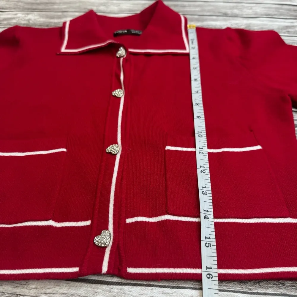 SHEIN Women's Long Sleeve Crop Cardigan Red White Heart Button Collar S SM Small - Image 9