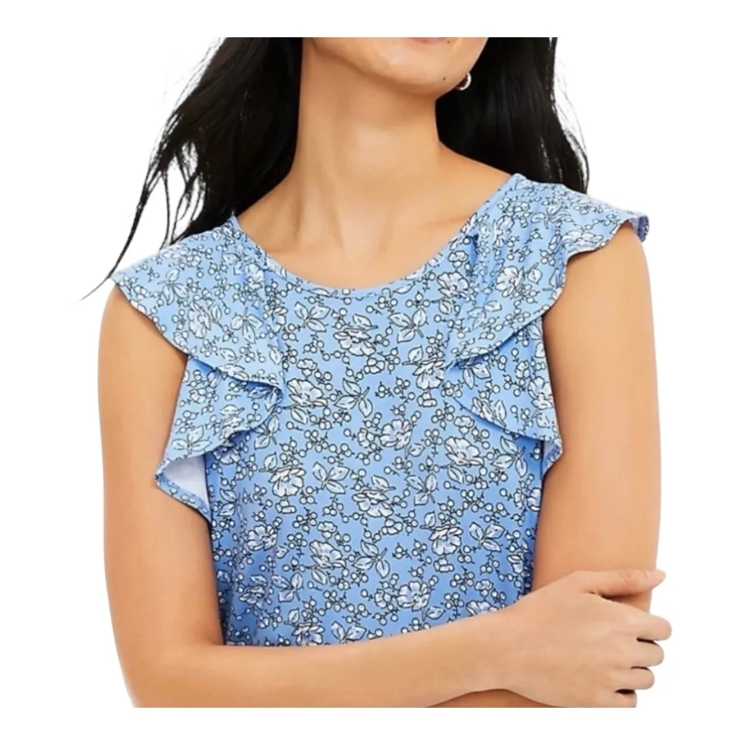 LOFT Floral Ruffle Sleeve‎ Dress Blue White Sleeveless Summer Women Size Small - Image 2