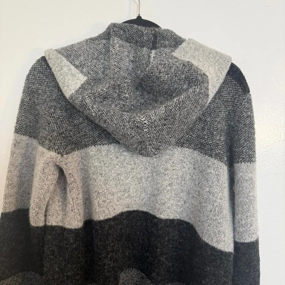 CYRUS Women's Striped Hooded Cardigan Sweater XS Black Grey Open Front Pockets - Image 6