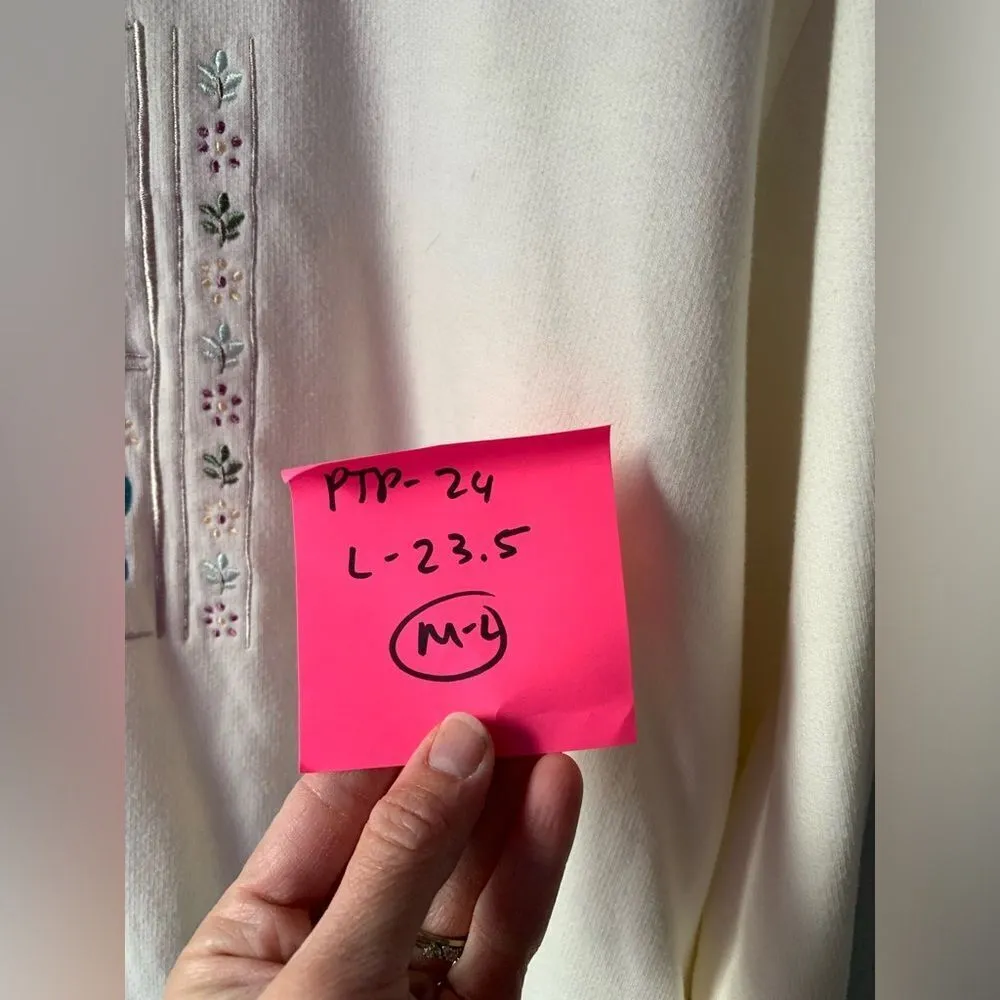 VTG Floral Embroidered Sweatshirt Crewneck Sweater Cream Blue Size M L White Size L - Image 6