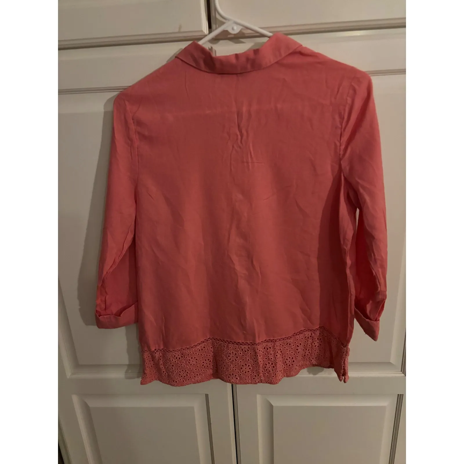 Coral Bay Petite Womens PM Pink 3/4 Sleeve Button Down Eyelet Blouse Top - Image 6