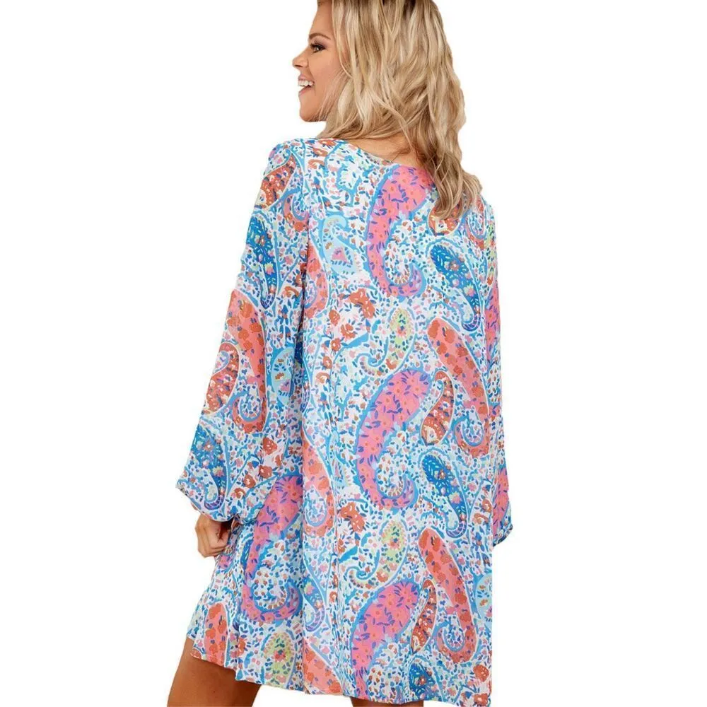 Womens Boutique Pastel Confetti Paisley Split Neck Dress - Image 2
