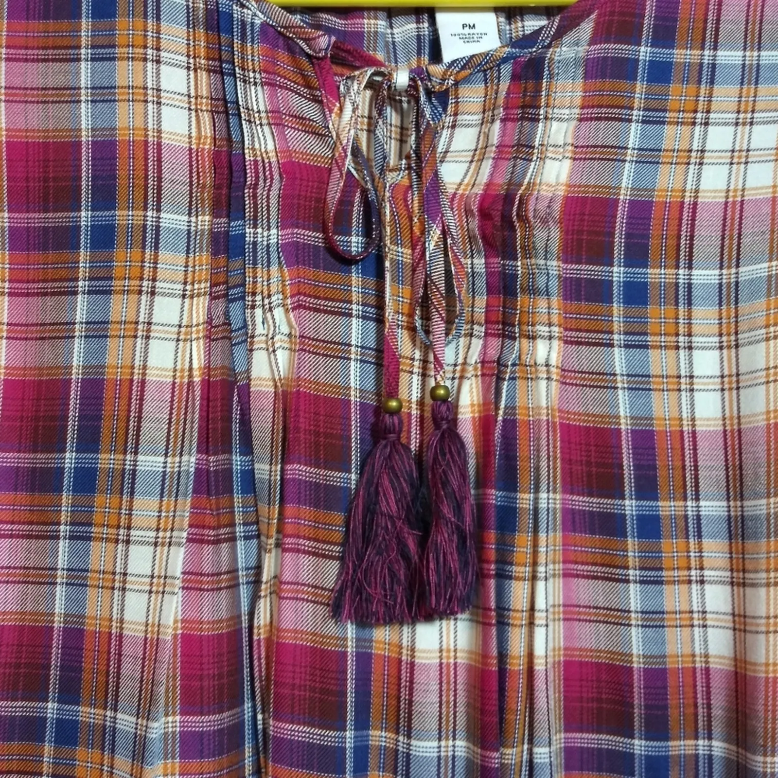 Ruby Rd Women's Plaid Woven Top with Tassels Berry Multi Casual Petite Size PM Pink - Image 2