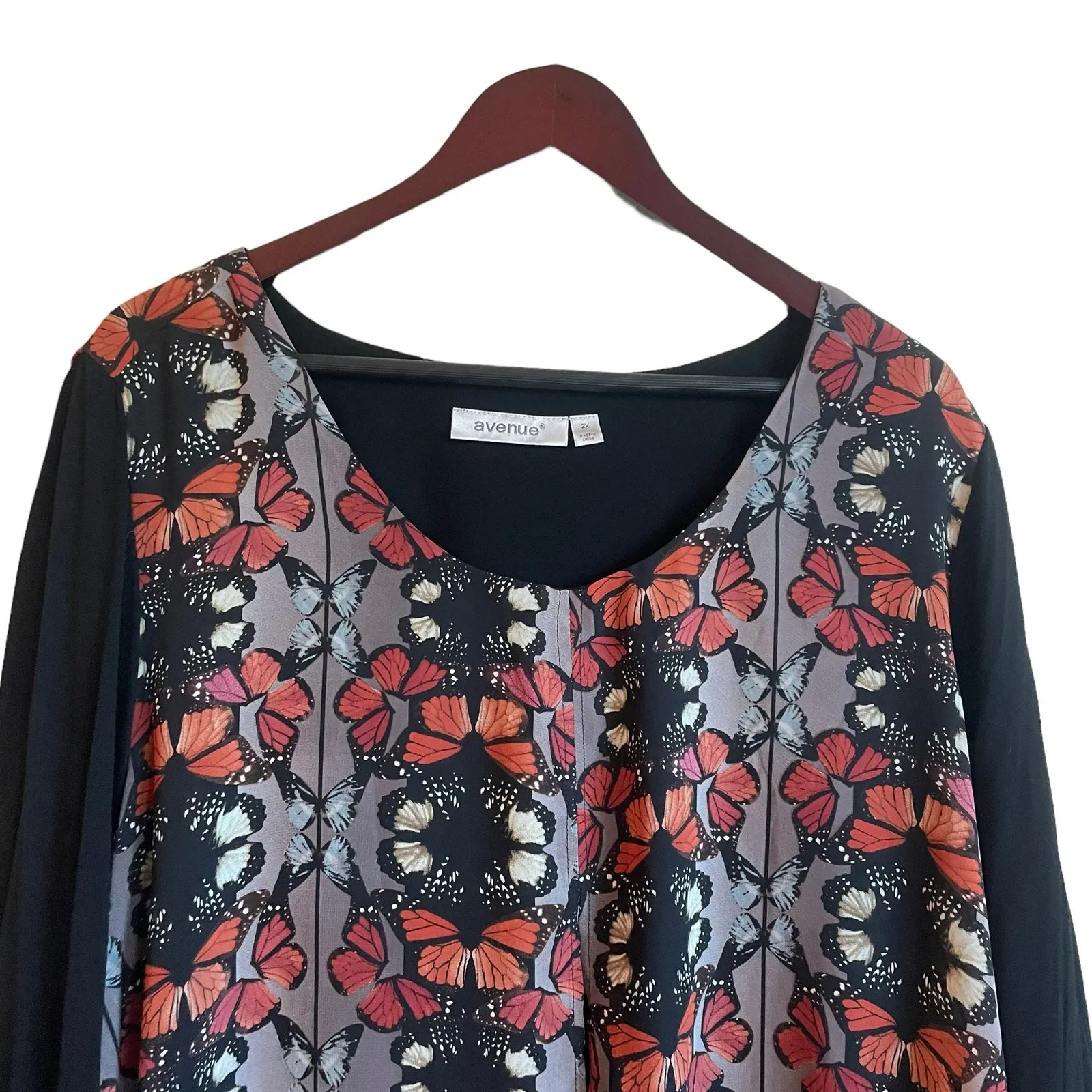 Avenue Women Top 2X Black 3/4‎ Sleeve Flyaway Layer Butterfly Print Lagenlook - Image 10