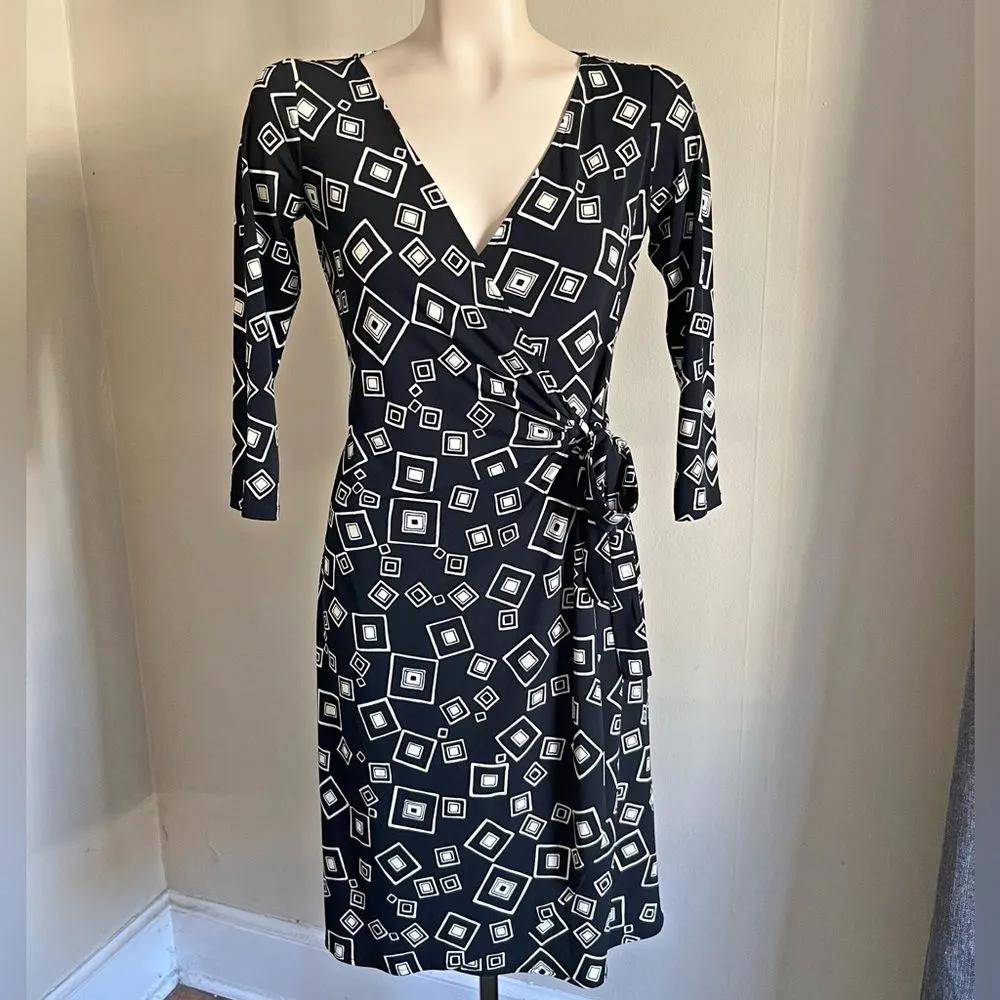 Vintage 90s Maggy London Black Geo Print True Wrap Dress Size 4 - Image 8