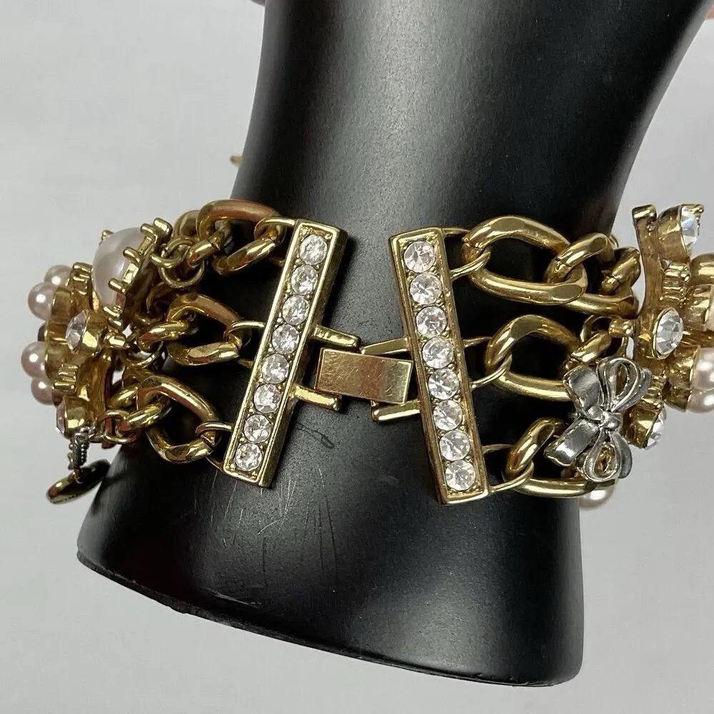 Betsy Johnson Vintage Hearts Bows Bracelet Charm Statement Gold Pearls Bunny - Image 7