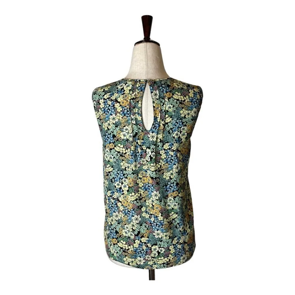 Zara Yellow And Green Floral Print Smocked‎ Bodice Keyhole Neck Blouse Size XS - Image 3