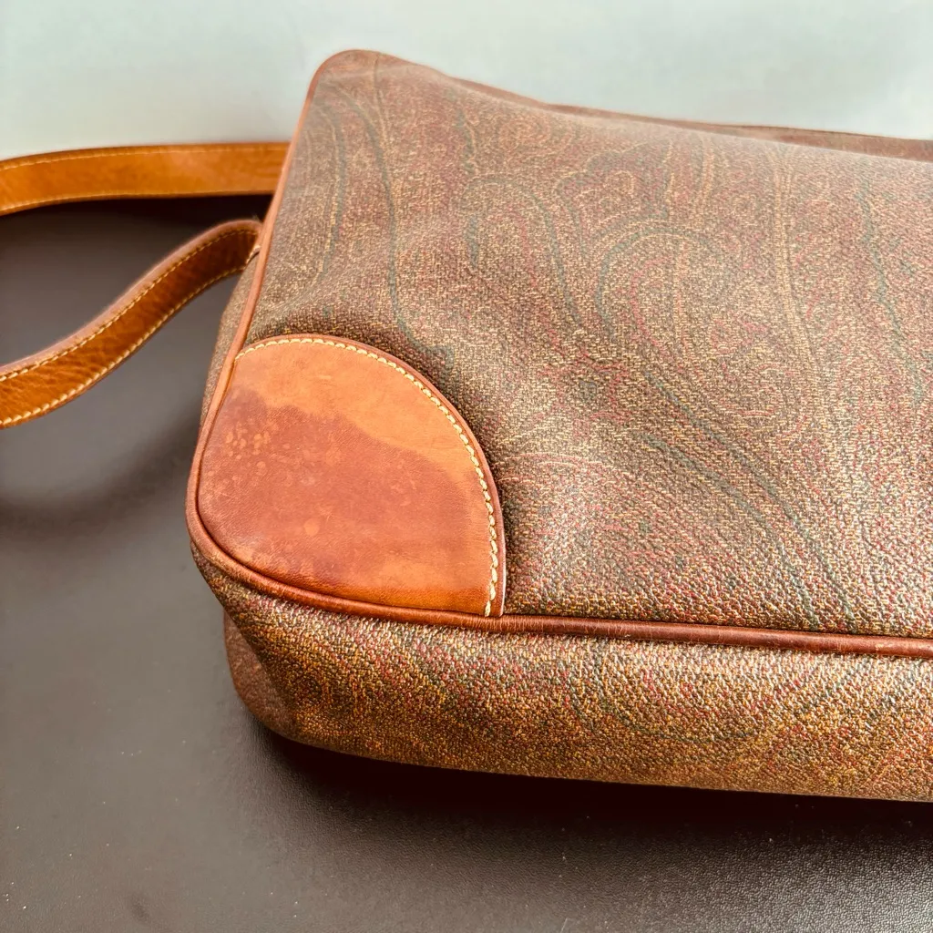 ETRO Red Paisley Crossbody Messenger Shoulder Bag Leather Coated Canvas ITALY Brown - Image 11