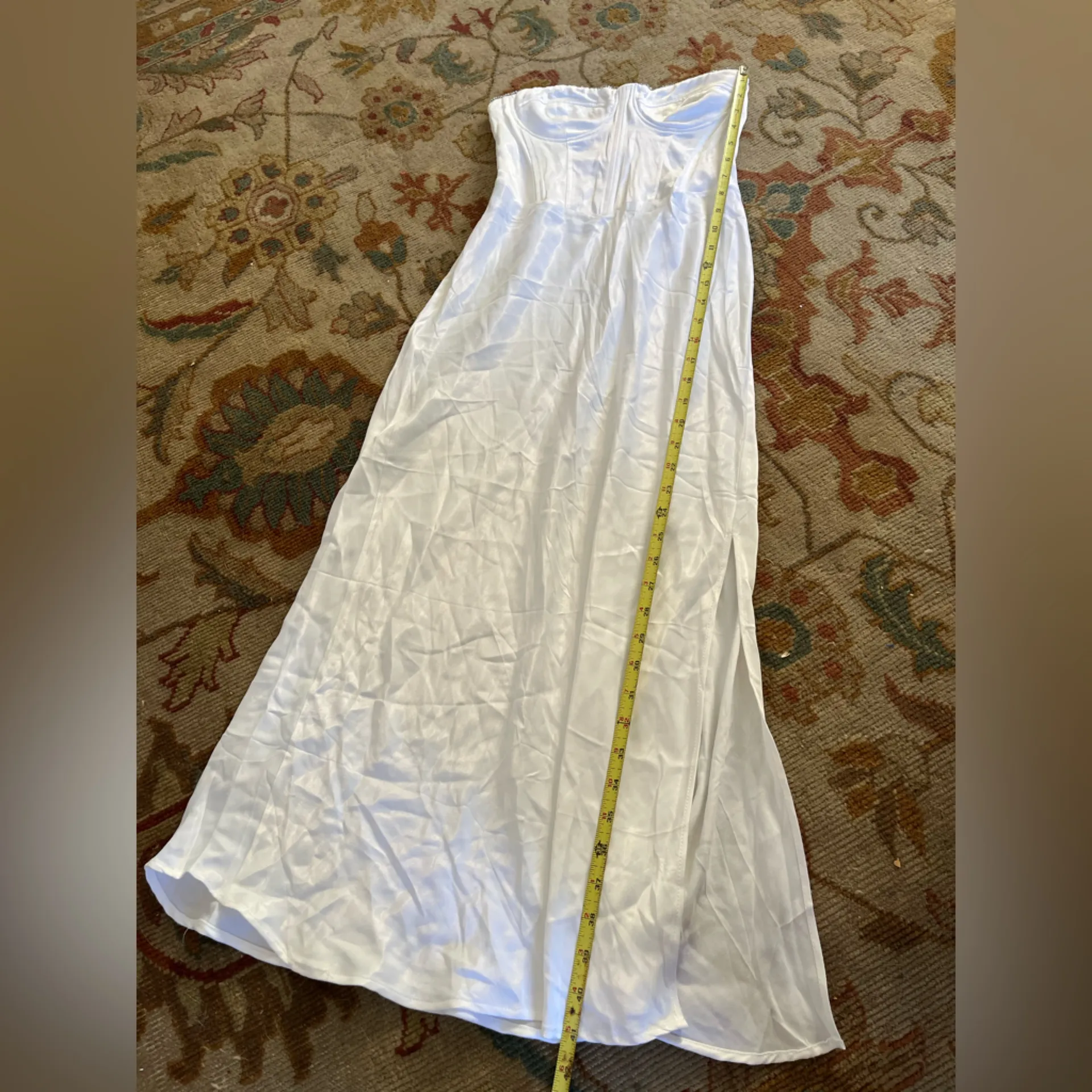 Elegant White Strapless Maxi Dress with jewels on top seam - Image 2