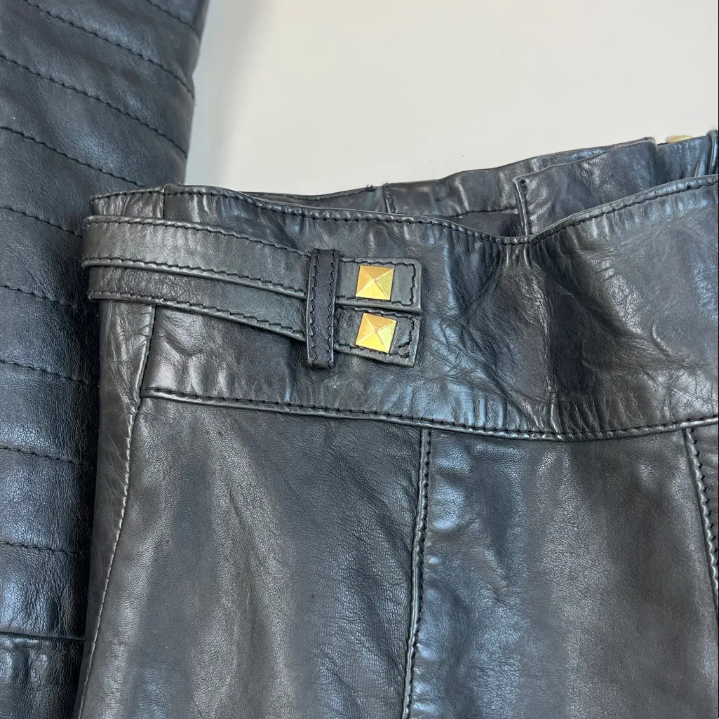 MNG Mango Sheep Leather Biker Jacket Studded Gold Black Rock Sz XS 90s - Image 7