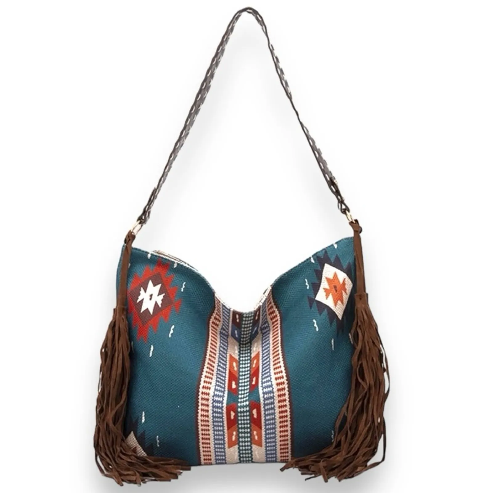 Southwestern Design Fringe Tassel Hobo Shoulder Bag Teal Blue Orange Tan Brown - Image 2