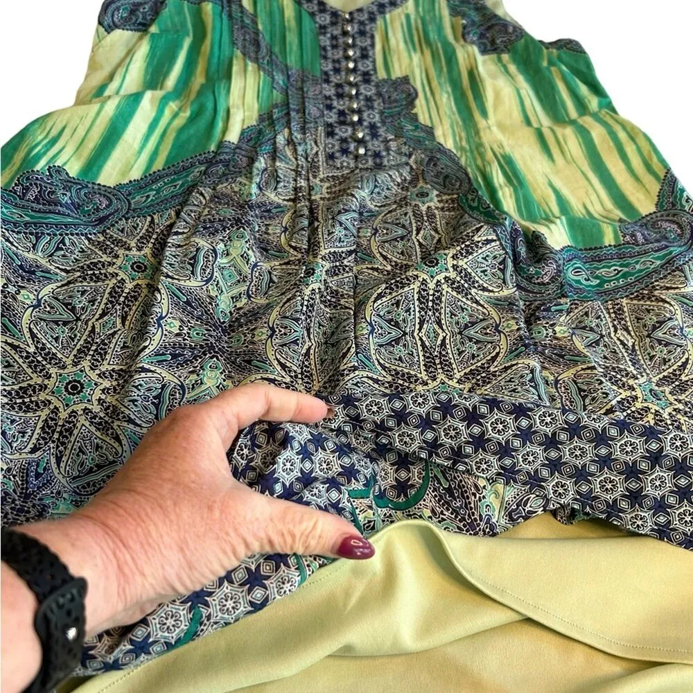 Rabbit Rabbit Rabbit Pleated Sleeveless Green and Blue Paisley Dress - Image 8