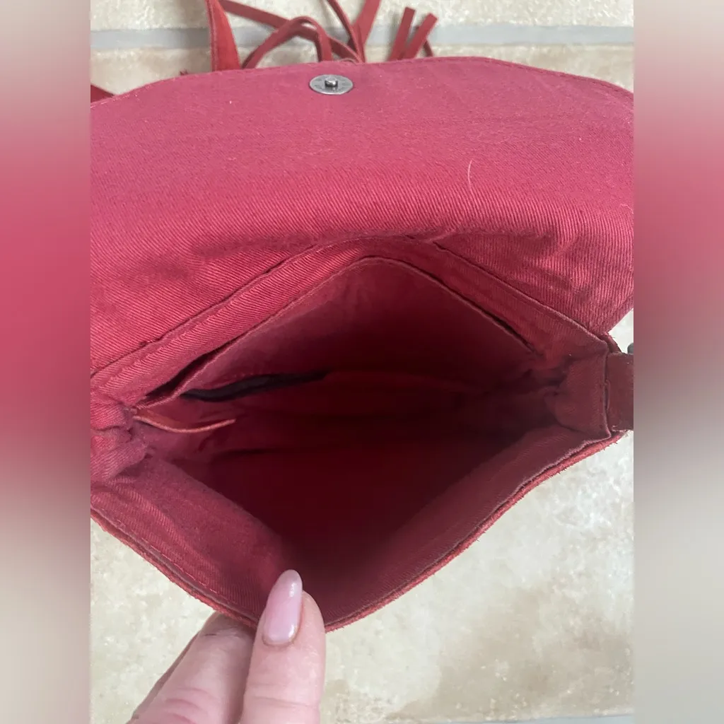 Urban Outfitters Ecote Leanne Maroon EmbossedSuede Saddle Bag, Fringe Bottom - Image 6