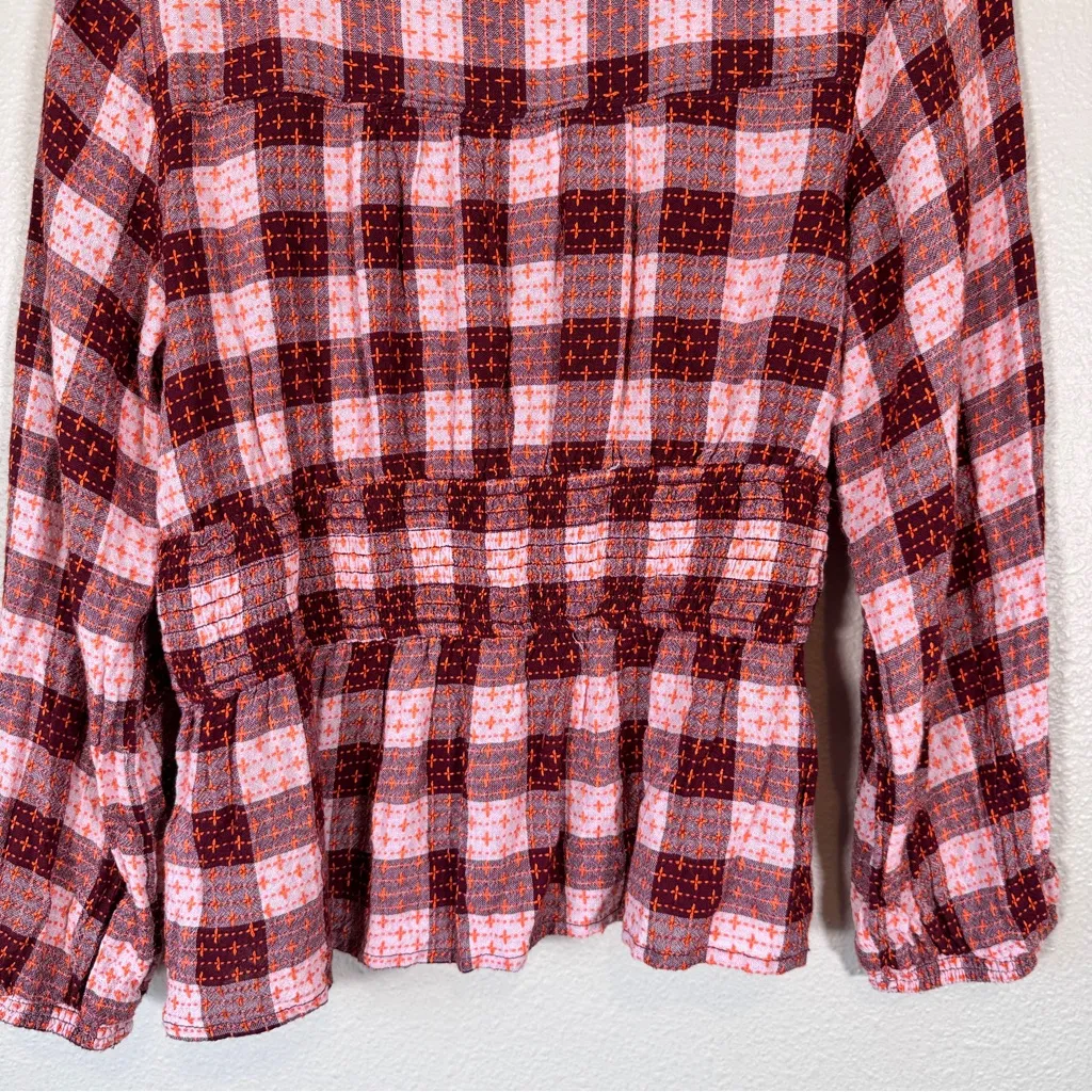 Pilcro Pink Red Plaid Peplum Blouse Womens S Fall Boho Long Sleeve Shirt Top - Image 2