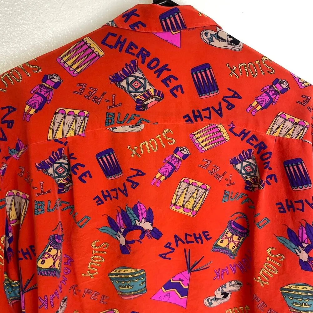 Womens Long Sleeve Silk Shirt Large Red Button Up Tribes Native American Sioux - Image 5