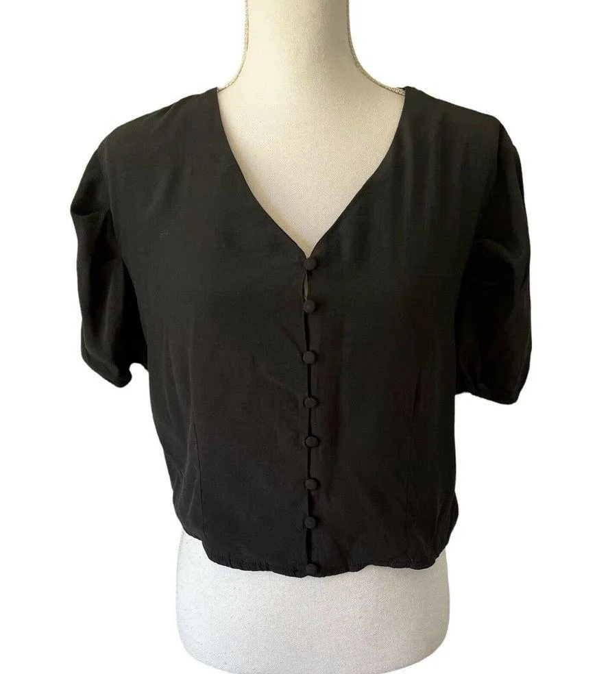 QED London Black Button Front Short Puff Sleeve Crop Top Size 10 - Image 3