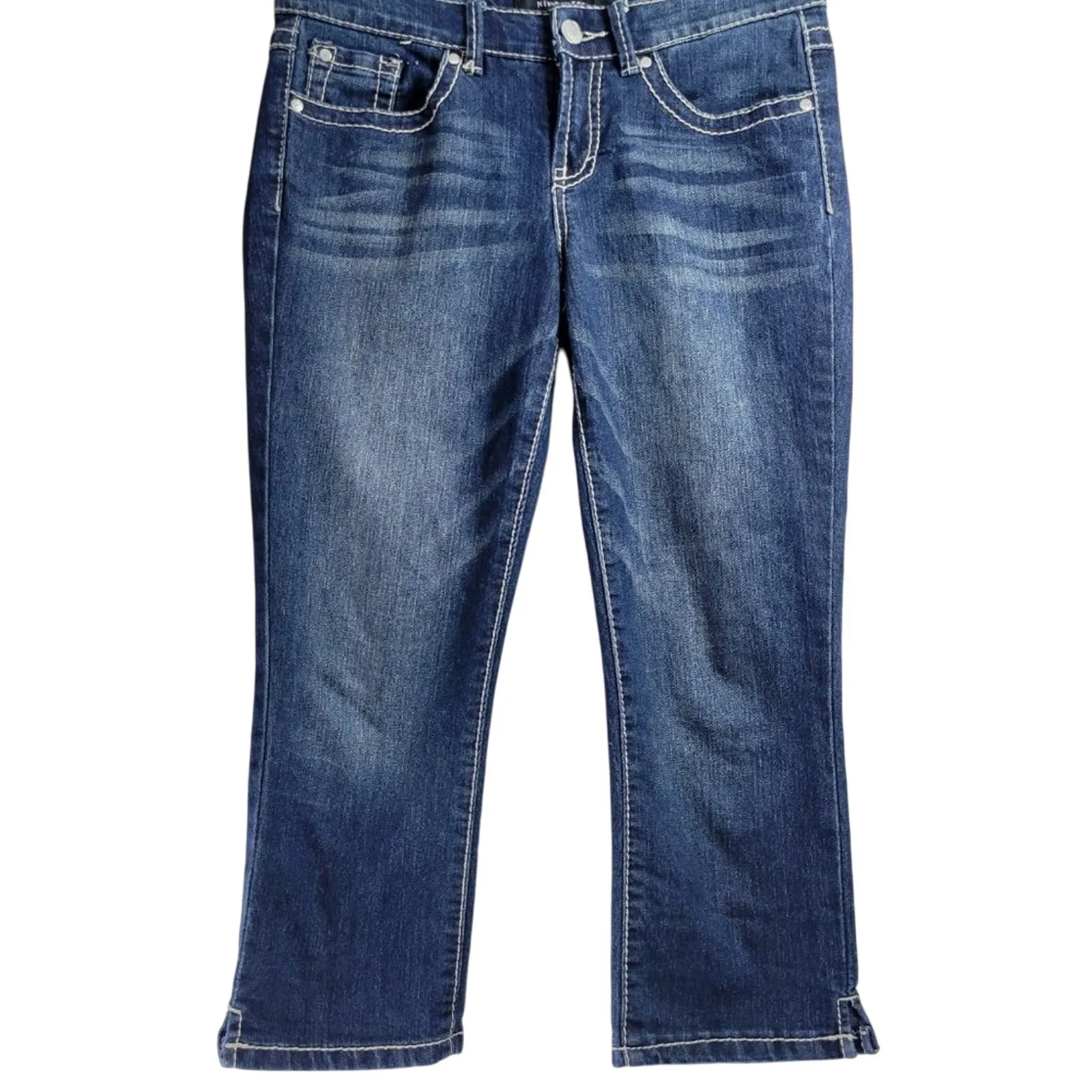 Womens Denim Capri‎ Jeans Embellished Pockets White Stitching Blue Wash - Image 5